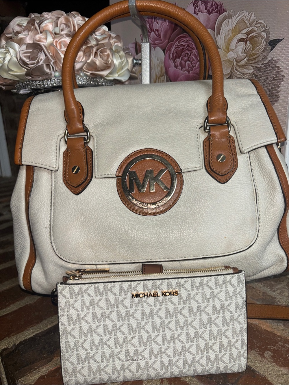Michael Kors Cream & Tan Leather Satchel with Matching Monogram Wallet